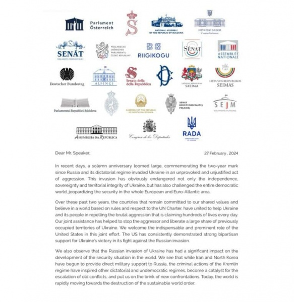 Speakers of 23 parliaments issue open letter to Mike Johnson in Ukraine aid support