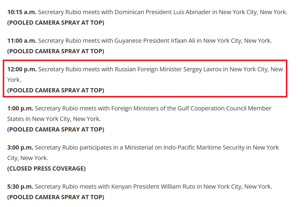 US State Secretary to meet with Russian FM on sidelines of UN General Assembly