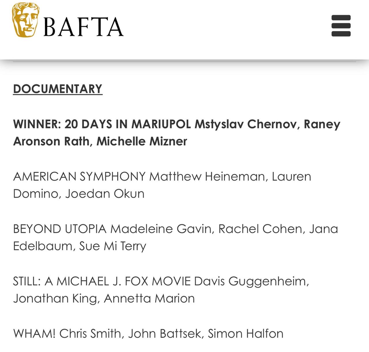 Ukrainian documentary '20 Days in Mariupol' wins BAFTA award