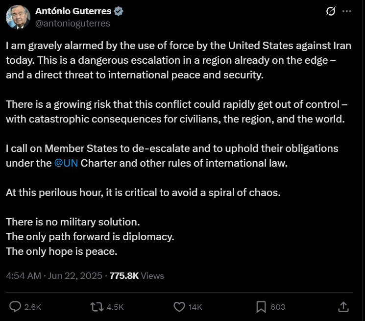 UN chief blasts US over Iran strikes, warns of global danger