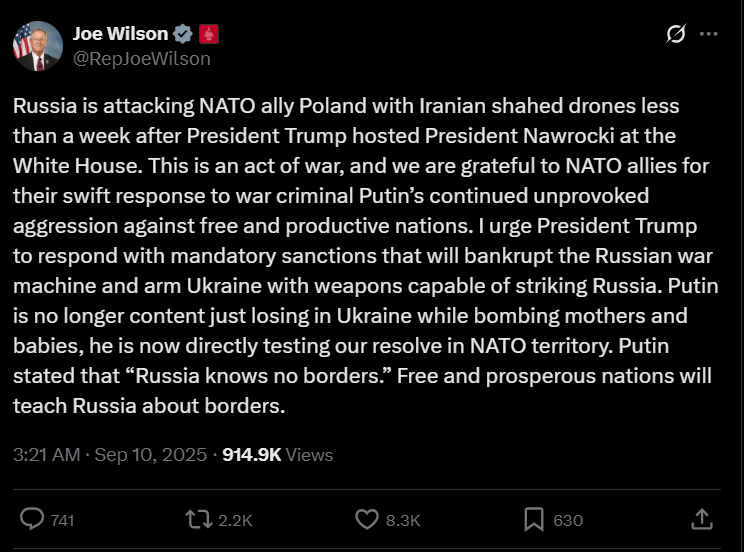 US calls Russian drone incursion into Poland 'act of war'