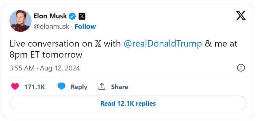 Elon Musk sets to interview Trump live on X platform