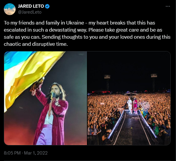 Jared Leto calls Ukraine war 'these problems' and mentions concerts in Russia