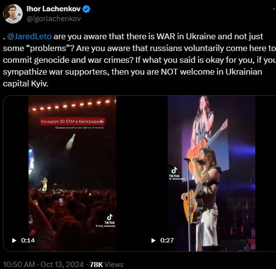 Jared Leto calls Ukraine war 'these problems' and mentions concerts in Russia