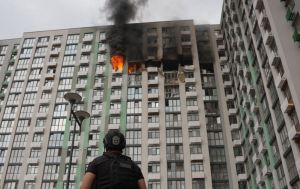 Russian drone attack sets 16-story building ablaze in Kyiv