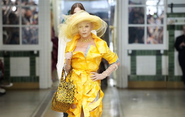 Vivienne Westwood turns heads in Paris with leopard pants and horned platforms
