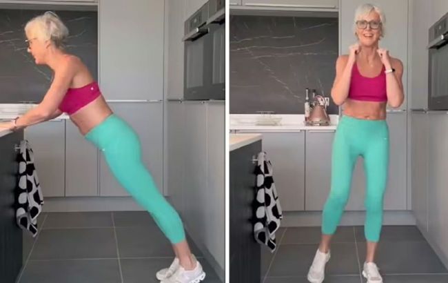 60-year-old woman shows simple kitchen workout