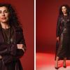 Leather dress and burgundy trench make statement for confident women