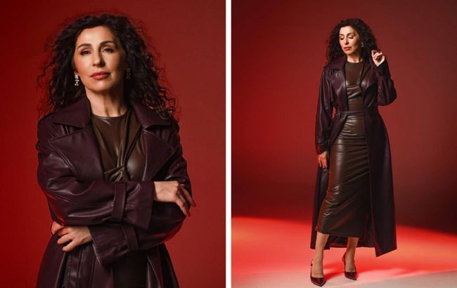 Leather dress and burgundy trench make statement for confident women