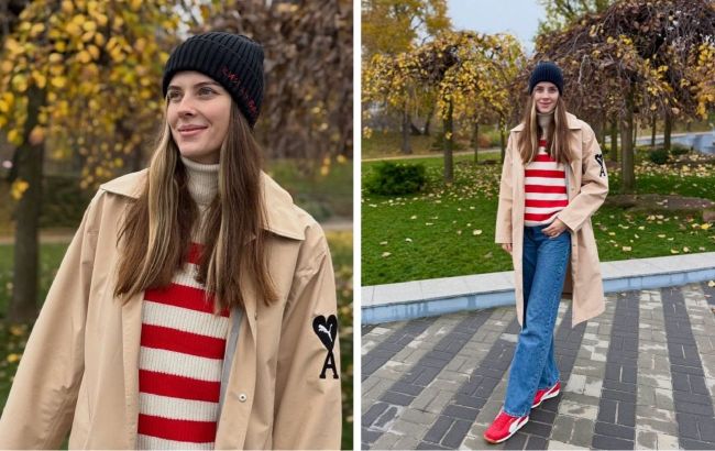 Mahuchikh delivers major fall style: Trench coat, stripes and eye-catching sneakers
